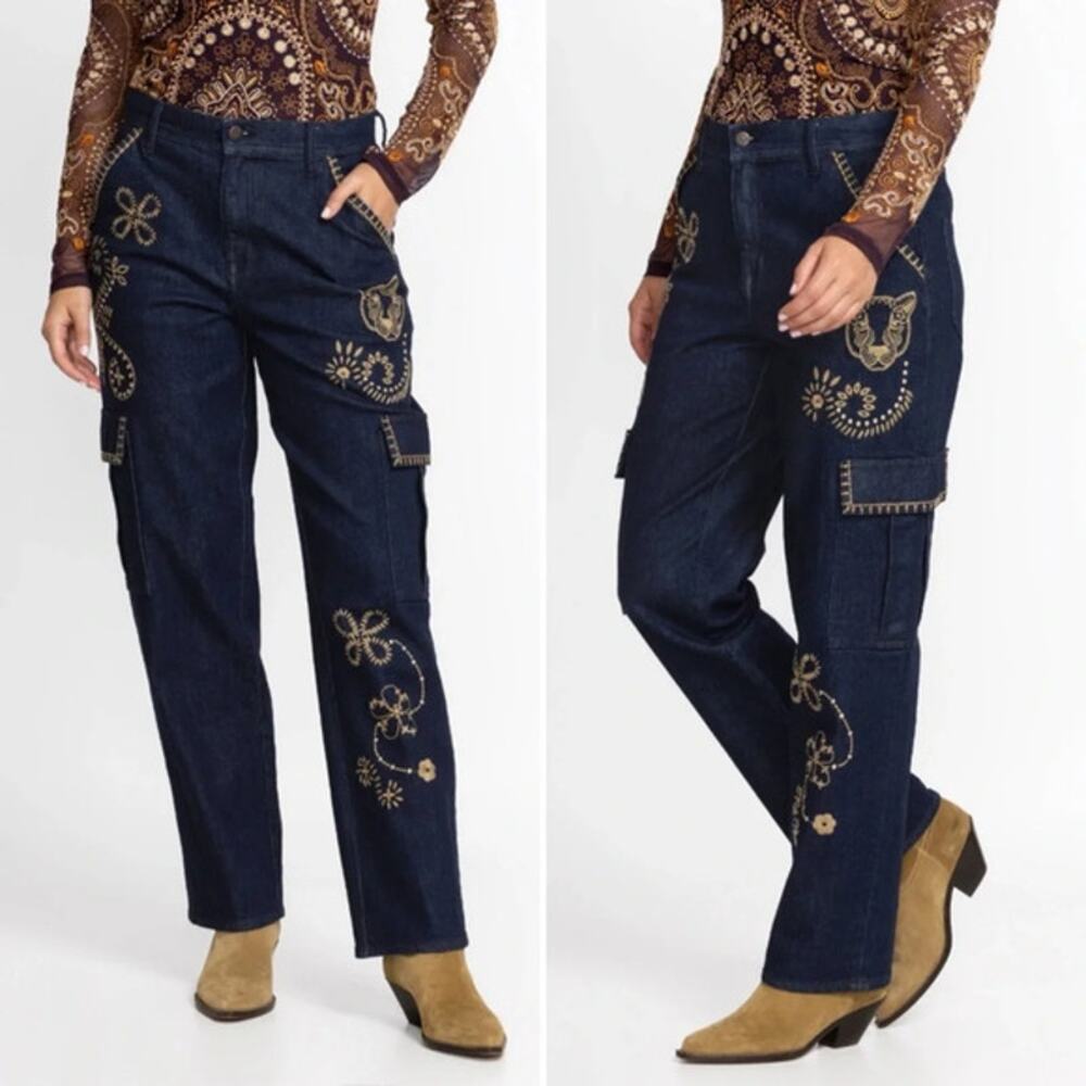 NWT Johnny Was Embroidered Pants Size 25 Boho Floral Artisan Straight Leg Cotton